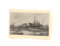 Dessin Fusain Campagne Maison Ferme Etang non signé certainement d'époque XIXème