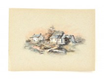 Dessin Aquarellé Paysage Fermette Automne non signé non daté
