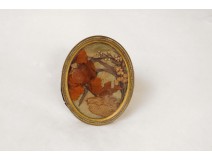 Petit cadre ovale porte-photo laiton doré fleurs sechés fin XIXème siècle 