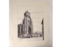 Dessin encre église Morbihan Touzé painting XXème siècle