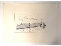 Encre paysage marine bateaux Golfe Morbihan Bretagne port Touzé XXème