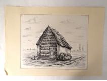 Dessin fusain crayon paysage campagne maison paille Touzé XXème siècle