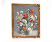 HSP bouquet fleurs vase bois doré Marie Louise Ogier painting XXème siècle