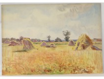 Aquarelle paysage champ paille ferme XXème école arts décoratifs watercolor