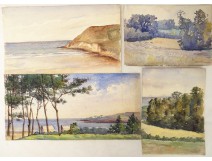 Lot 4 aquarelles vues mer plage forêt école arts décoratifs XXème siècle