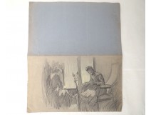 Dessin fusain crayon scène deux personnages école arts décoratifs XXème