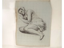 Dessin personnage femme nu reposant naked woman resting drawing XXème siècle
