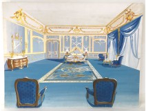 Aquarelle chambre à coucher décoration architecture d'intérieur 1950 XXème