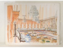 Aquarelle salle de réception décoration architecture d'intérieur 1950 XXème